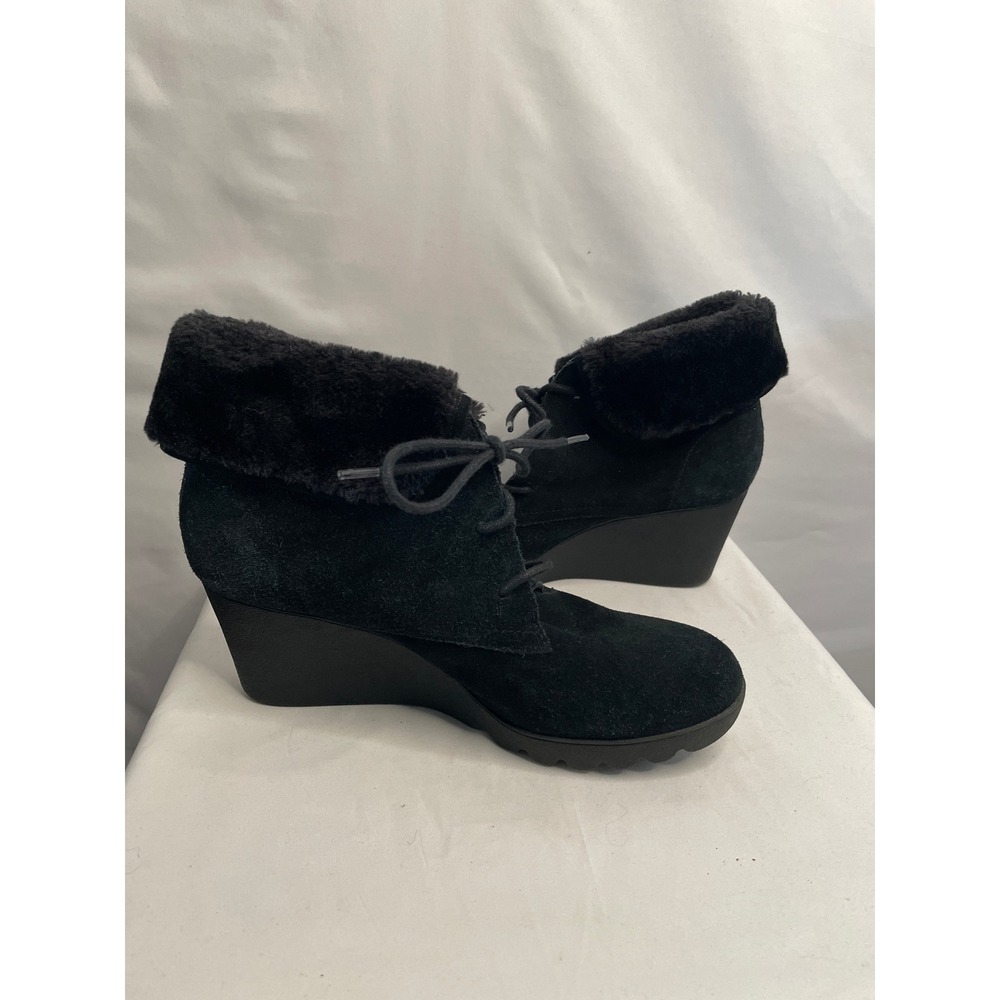 Donald J Pliner Maxxi Black Suede Faux Fur Trim Wedge Lace Up Booties 7.5M